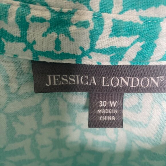Jessica London Linen Blend Blouse Womens 30 W Plus Size Geometric Roll Tab Sleev - Picture 2 of 15